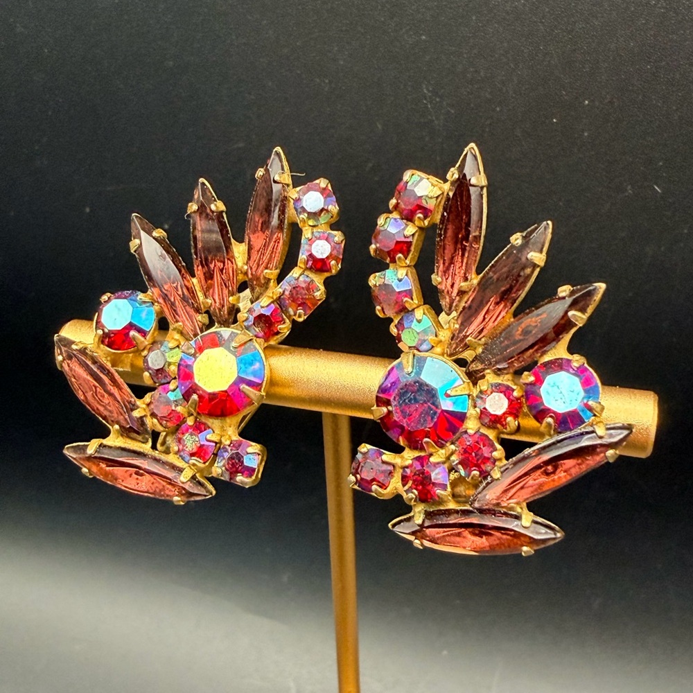 Vintage Juliana Style Watermelon AB Rhinestone Clip Earrings Navette Spray Gold